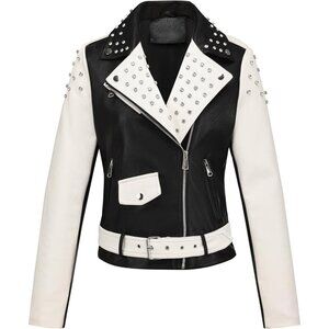Women Faux Leather Motorcycle Jacket White Black Stand Collar with Pockets Coat